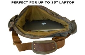 military-style Messenger Bag, set and unzipped, with a laptop in, on a white background.